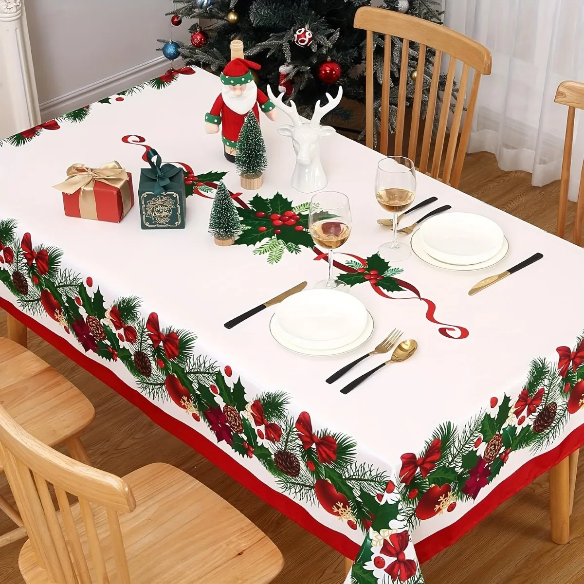 Merry Christmas Holly Pine Cone Tablecloth for Table Decor Washable Winter Xmas Kitchen Dining Table Cloth  Christmas Decoration