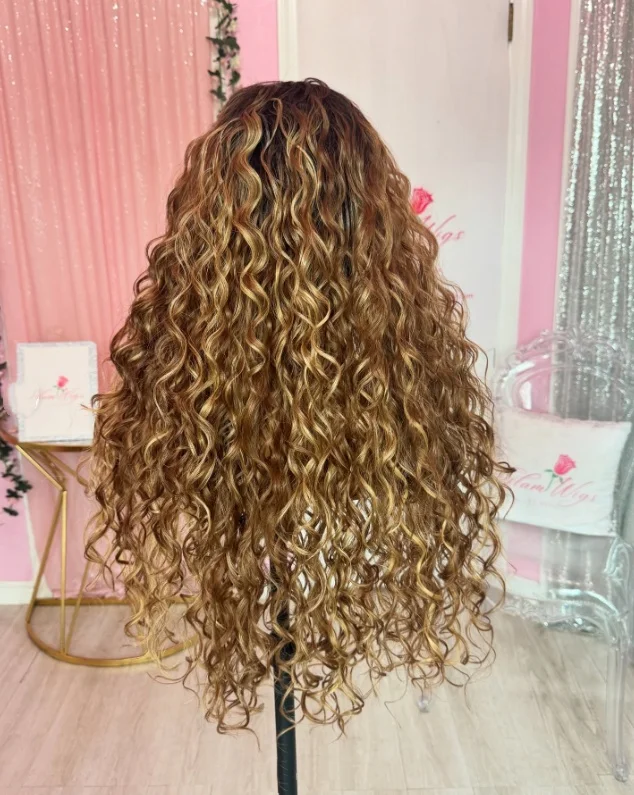 Honey Blonde Lace Front Curly Wigs Mix Human Hair Deep Wave 13x4 HD Lace Frontal Wig Dark Brown for Women 30 inches Colored Wigs