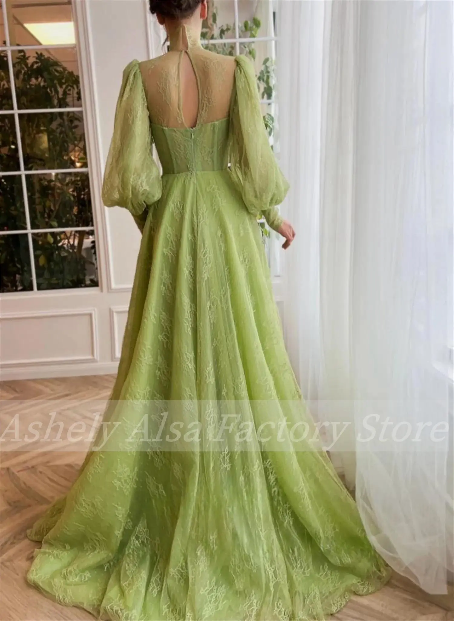 AN16  Customized Grass Green Formal Occasion Dress Long Sleeve High Neck A Line Women Evening Wedding Party Homecoming Prom Gown