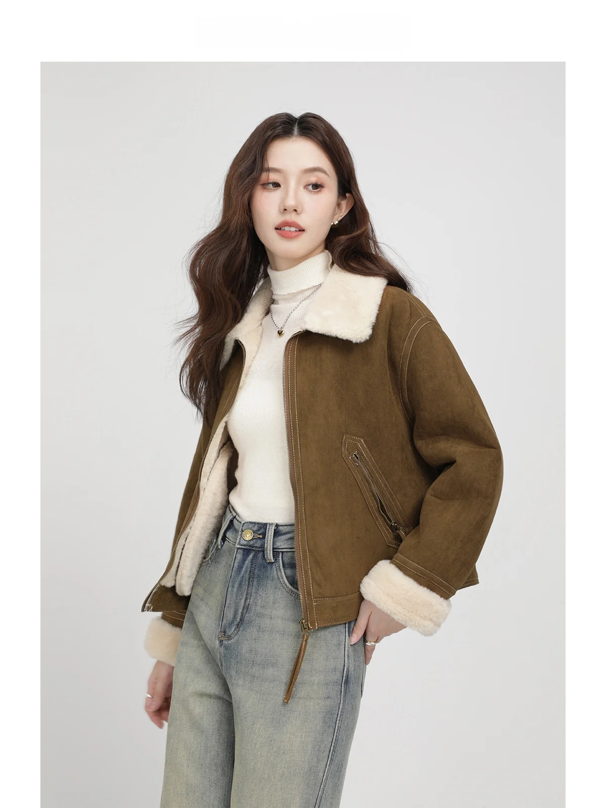 

Ele Thiened Lamb Fur Jaet Women's Winter Coat Xinmon Collar Zipper Closure Long Sve ort Length Loose Fit