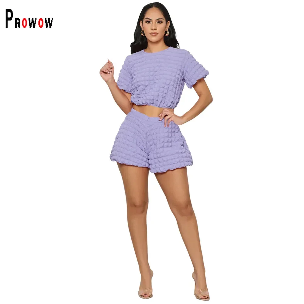 Prowow Fashion Women Clothing Short Sleeve O-neck Crop Tops Shorts Summer Female Streetwear Solid Color Two Piece Suits