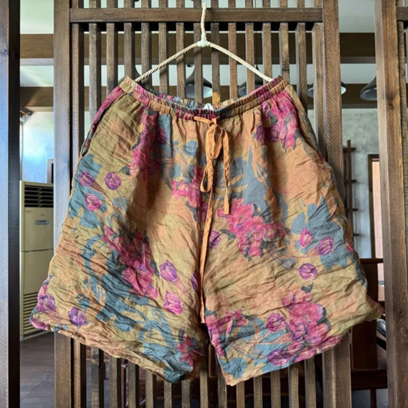 100% lin femmes Shorts décontracté nouveauté 2025 été Style Vintage imprimé fleuri ample confortable femme pantalons courts T478