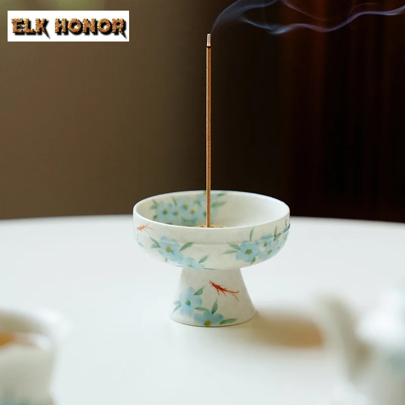 Hand-painted Blue Star Flower High Foot Incense Holder Water Fountain Decoration Incense Burners Aromatherapy Censer Teaset Gift