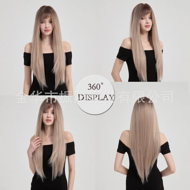 New women's pure desire style air bangs straight hair 26-inch gray gold layered full wig