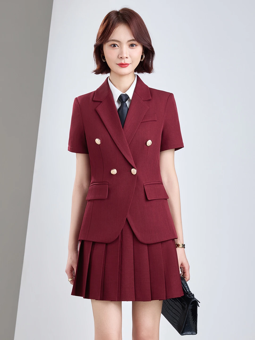 Black Suit Set Women's Formal Skirt Two-Piece Set Small Size Pleated Skirt Interview Suit Jacket Commute Style Slim Fit Polye...