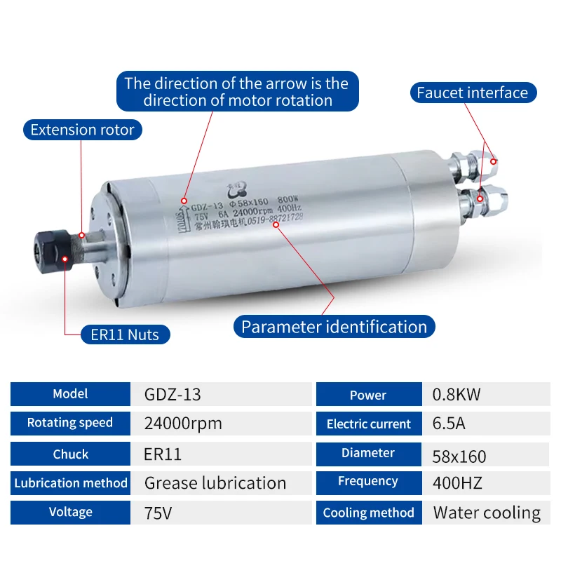 CNC Water Cooled Spindle Motor 0.8KW 75V 400HZ HQD Water Cooled Engraving Machine Z-axis 58mm Spindle ER11 Chuck GDZ-13