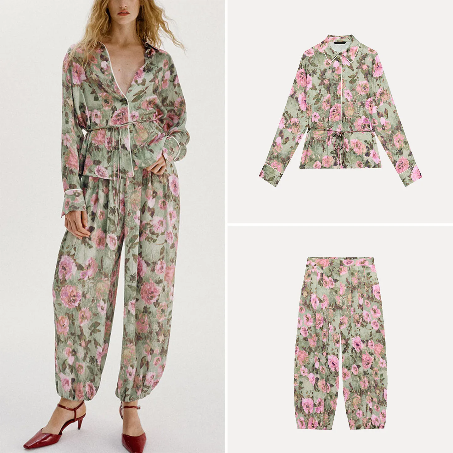 Women's Long Sleeve Collared Belted Floral Print Shirt Elastic Waist Lantern Pants Two-Piece Set Fashionable Casual Outfit