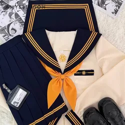 Japanese JK Uniform Sailor Collar Preppy Style Casual Yellow Beige Mixed Color Long Short Sleeves Top Pleated Skirt Set For Girl