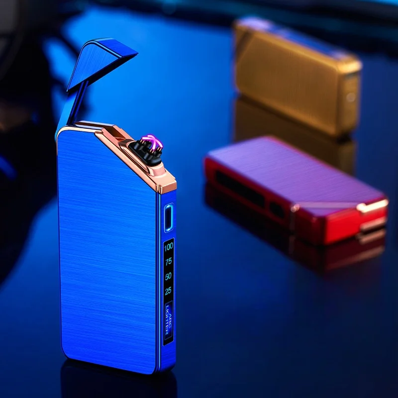 Electric Double Arc Usb Lighter Metal Outdoor Windproof Flameless Plasma Pulse LED Power Display Mechanical Button Igniter Gift