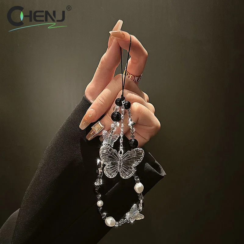 Y2K Butterfly Clear Bead Phone Strap Charm Chain Knot Cellphone Lanyard Keychain Bag Camera Bowknot Pendant For Airpods Cover