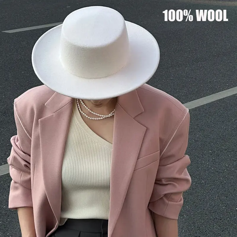 

Новая французская женская шляпа 7 см с широкими полями Федора Зимняя шляпа-дерби из 100% шерсти Свадебные джазовые шляпы Белый Черный Фетровая шляпа с плоским верхом Chapeu