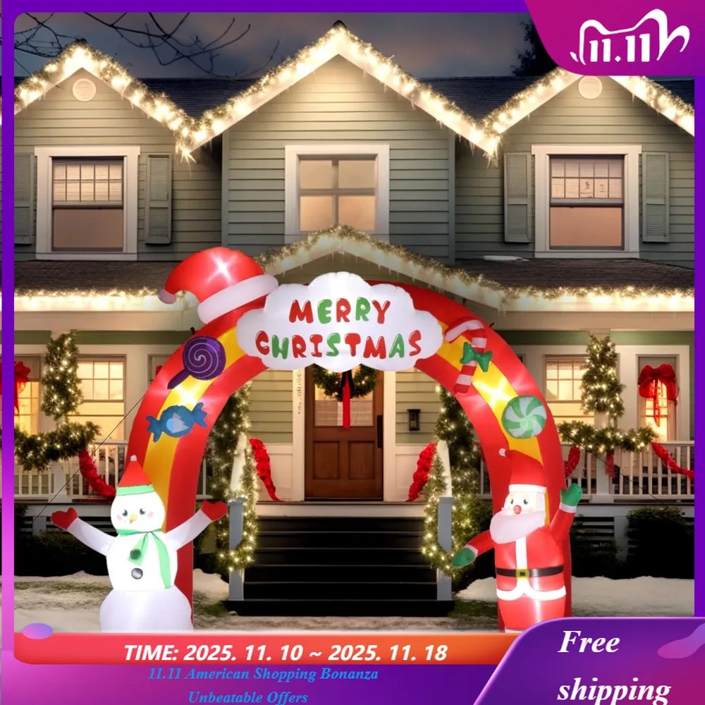 

Надувная рождественская арка Санта-Клауса высотой 9 футов, украшение для двора с безопасной сумкой для хранения кольев, электрический вентилятор