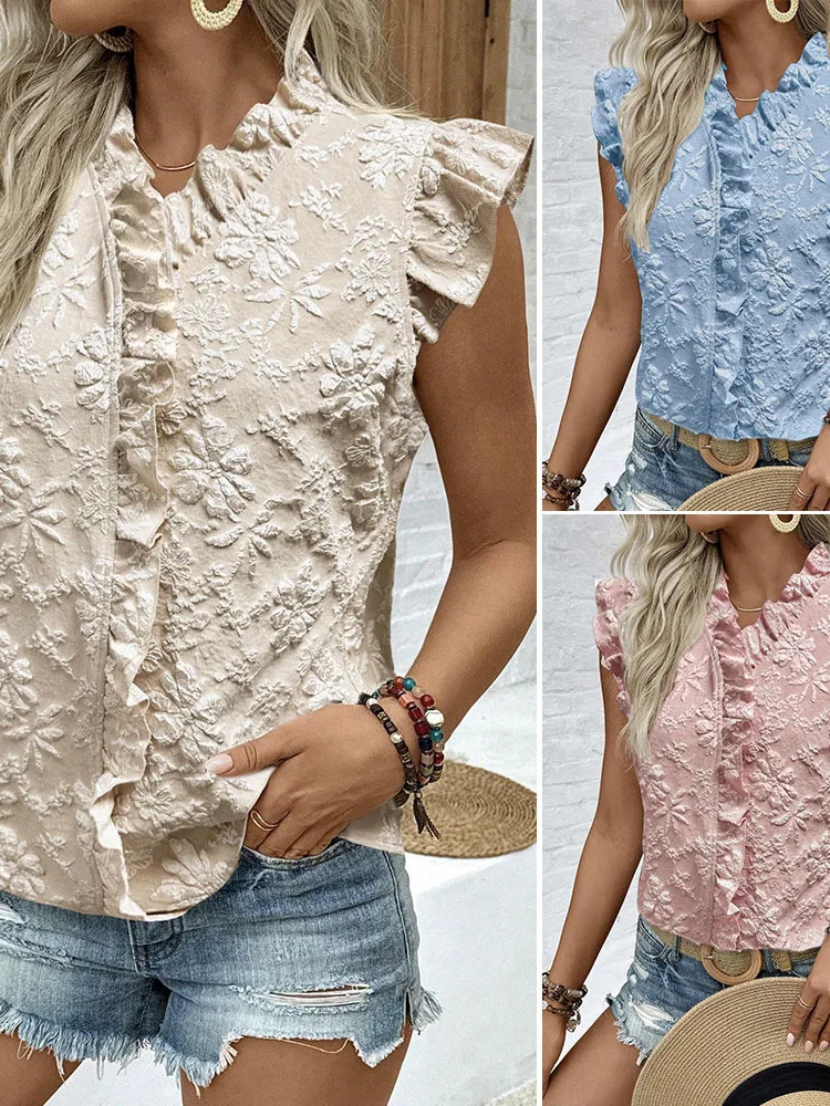 

Fashionable Women's Textured Short Sleeve Shirt Floral Embroidery Vest Casual Style Skin-friendly Breathable Polyester