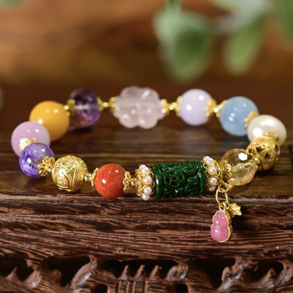Natural Multi-Color Gemstone Bracelet, Dry Green Carved Jade Amber Citrine Gourd 925 Silver, Chinese Style Jewelry Gift