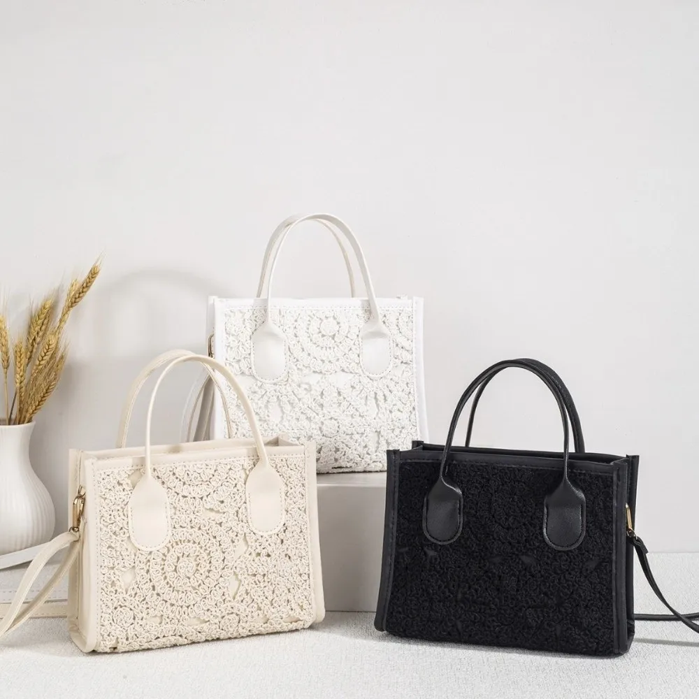 Removable Shoulder Strap Tote Bag Hollow Lace Floral Crochet Hollow Lace Handbag Lightweight Large Capacity Crossbody Bag Women