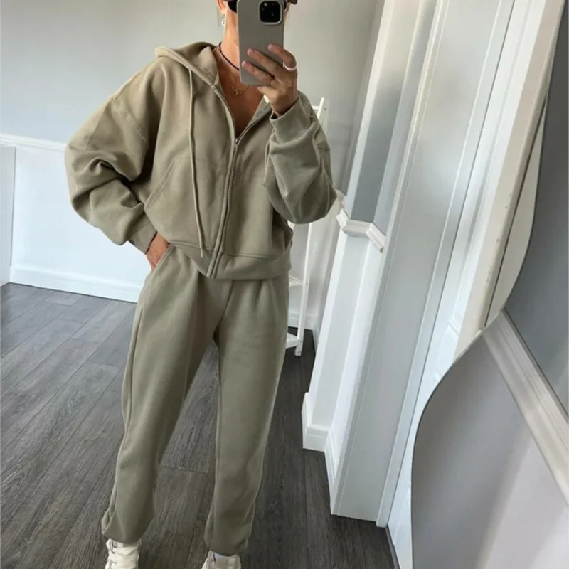 

2025 New Women's Solid Color Long Sleeve Zip-Up Hoodie & Joggers 2-Piece Lounge Set Elastic Waist Drawstring Outfit