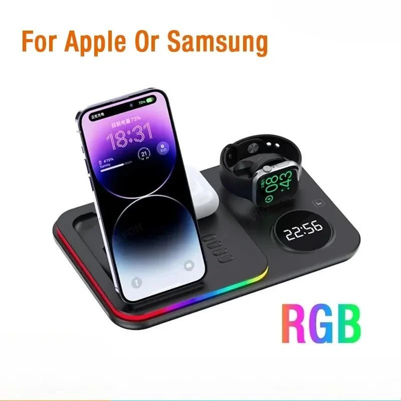 Wireless Charger Stand With RGB Night Light Digital Clock Fast Charging Station For iPhone Samsung Galaxy Phone Watch Earbuds