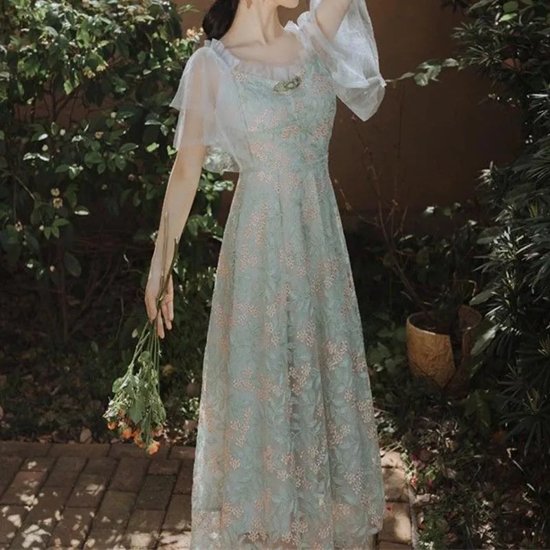 Summer Women Elegant Vintage Floral Fairy Princess Dresses Casual Slim Embroidery Lace Korean Sweet Party Midi Dress Female 2022