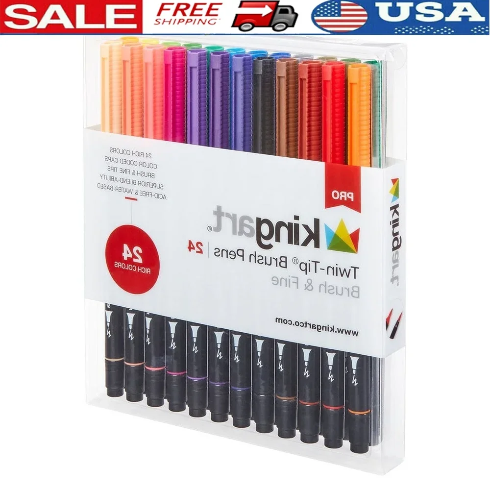 

Pro Twin Tip Brush Pens 24 Assorted Colors Water-Based Art Markers Fine Brush Lettering Doodling Sketching Illustration