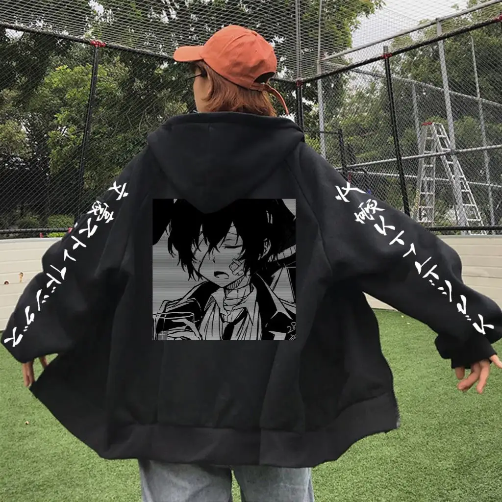 Manga Bungo Stray Dogs Dazai Osamu Zipper Hoodies Harajuku Graphic Printed Hooded Tops Women Men Casual Warm Zip-up Jacket Coats