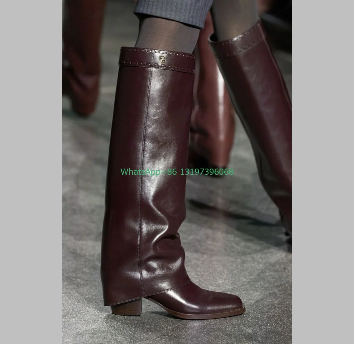 

Lady Turn-Over Vintage Color Knee Boots Chunky Heel Runway Squre Toe Design Knee Boots Causal Fall Boots Cowboy Red PU Boots 46