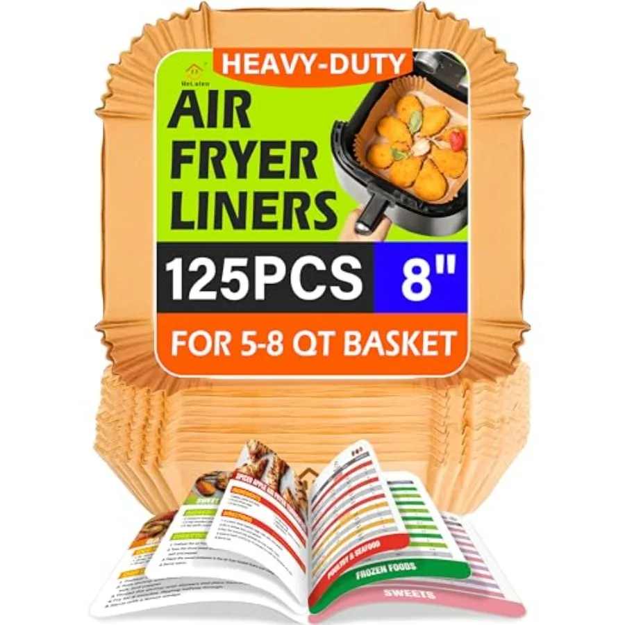 

Одноразовые вкладыши для аэрофритюрницы, 125 шт., 8-дюймовые вкладыши для аэрофритюрницы с шпаргалкой для аэрофритюрницы, руководство по приготовлению, буклет с антипригарным пергаментом