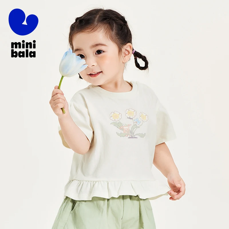 Mini Bala T-Shirt Girls Short Sleeve T-Shirt 2024 Summer New Baby and Infant Sweet Print Breathable Pure Cotton Children Top