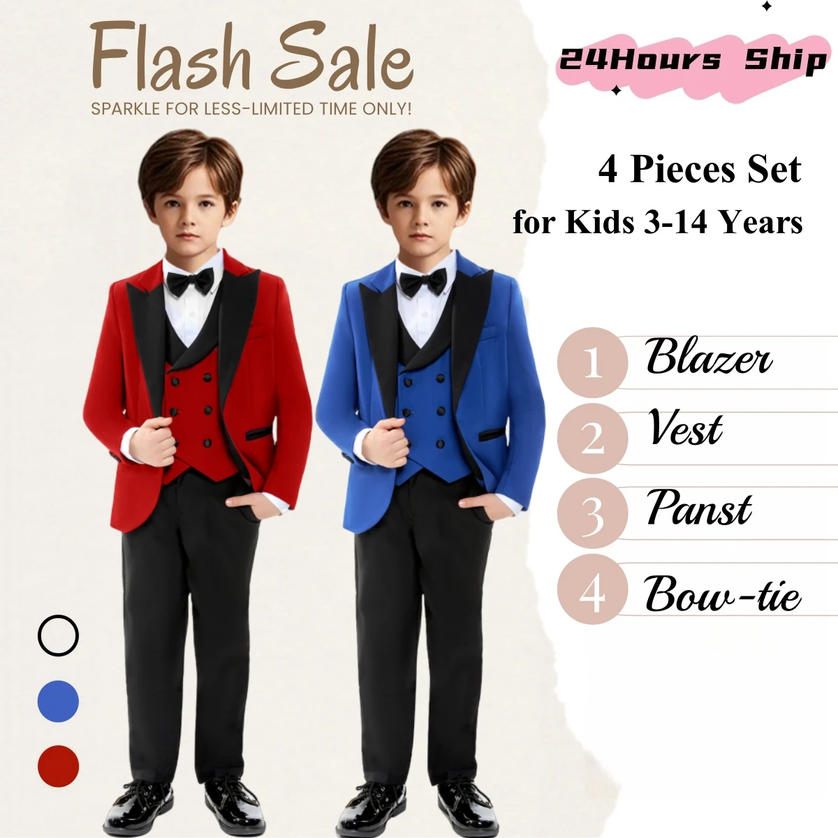 

Ship Now ! Boys 4-Piece Suit Set - Jacket Pants Vest Bowtie - 3T-14 Kids Tuxedo Pants - Toddler to Teen Formal Suits In Stock