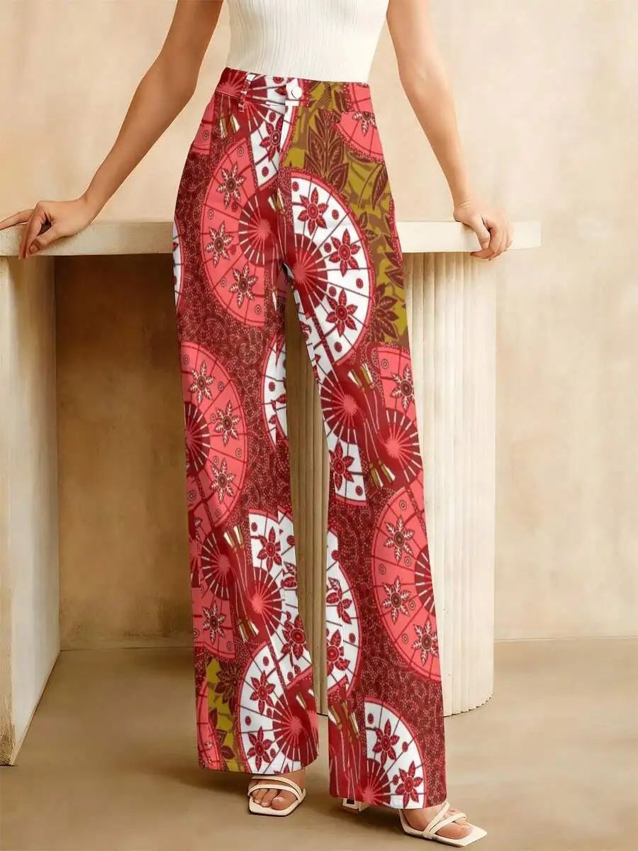 

Red Floral Fan Print Wide Leg Pants Women Casual Summer Loose Fit Plus Size