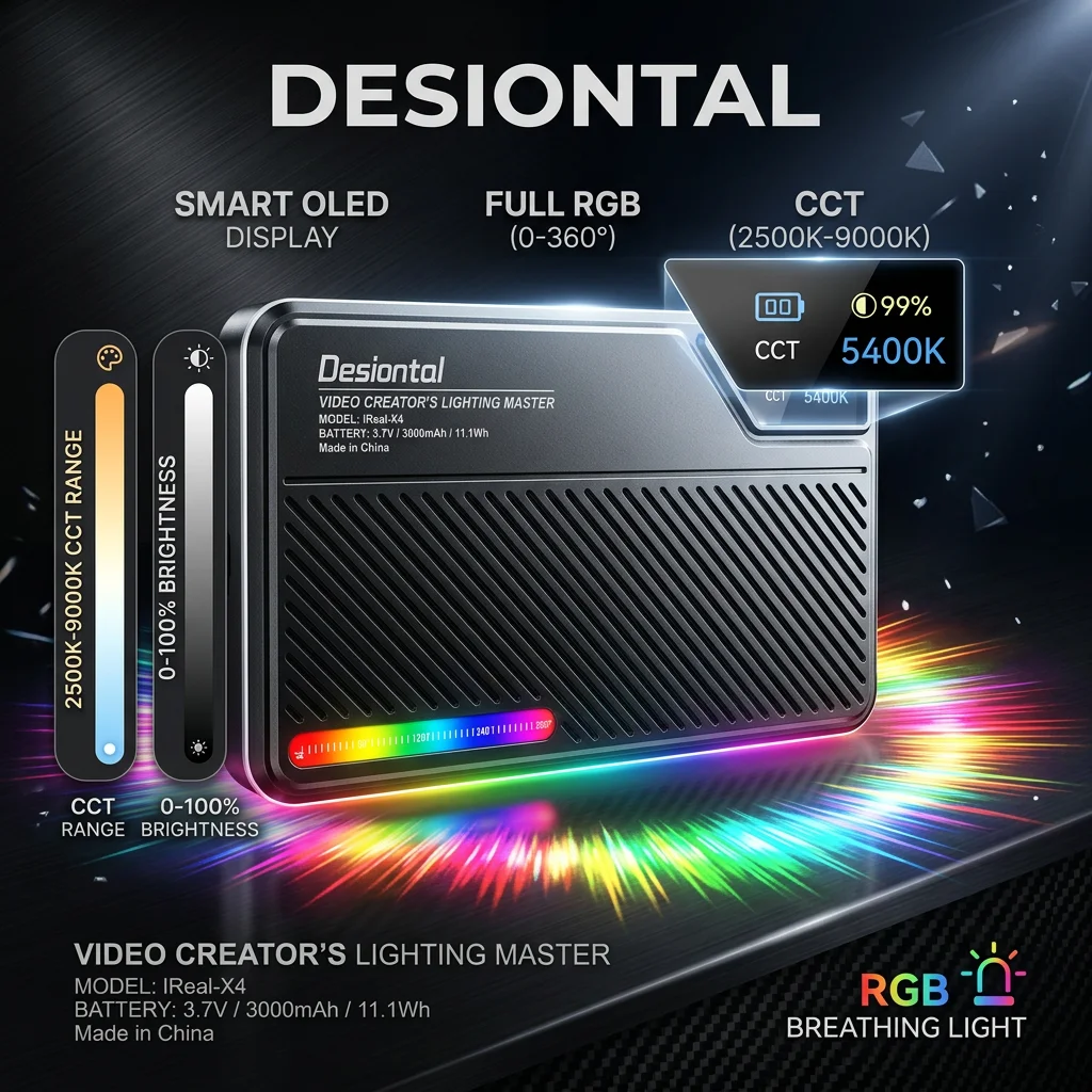 iReal-X4 Luz de Preenchimento RGB para DSLR, câmeras mirrorless e smartphones. O LCD exibe funções, potência e CCT. Acompanha suporte para DSLR e clipe para celular.