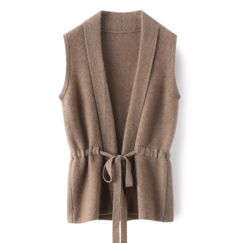 New 100% pure wool women's V-neck loose lace-up casual solid color sleeveless knitted cashmere vest in autumn and winter