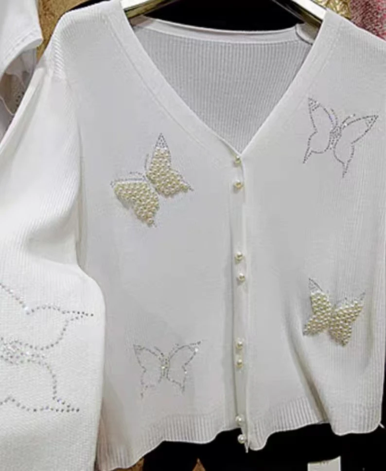 Spring Autumn Luxury Sparkling Beaded Slim Fit Knitted Cardigan Women Heavy Industry Pearl 3D Butterfly Sweater Outwear Coat Top