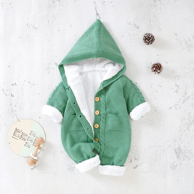 

Winter Baby Romper Knit Newborn Girl Boy Jumpsuit Outfit Fashion Hooded Infant Kid Fleece Clothes 0-18M Solid Onesie Long Sleeve