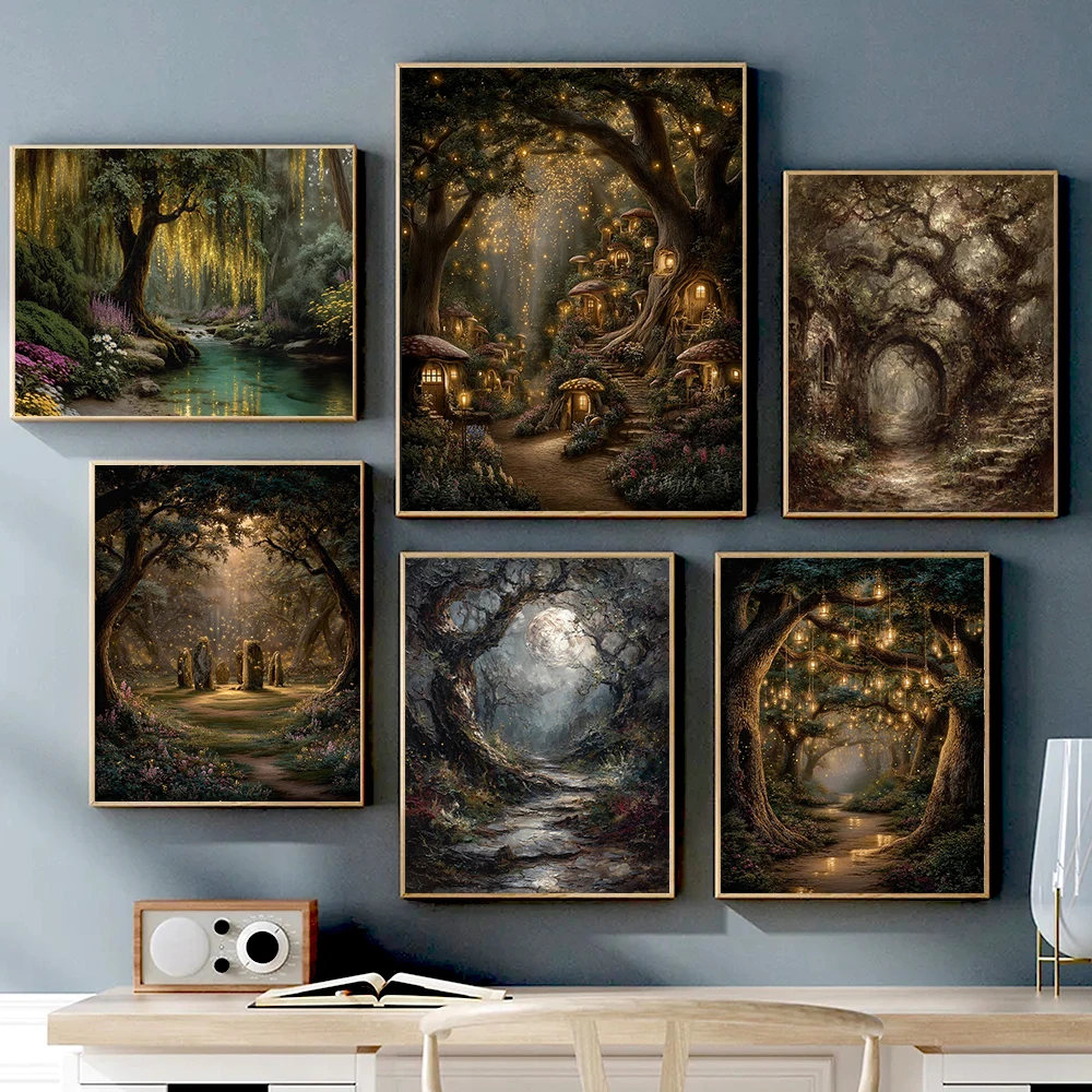 Gothic Moonlight Magic Forest Mysterious Woodland Path Posters Dark Fantasy Firefly Forest Landscape Canvas Painting Home Dec