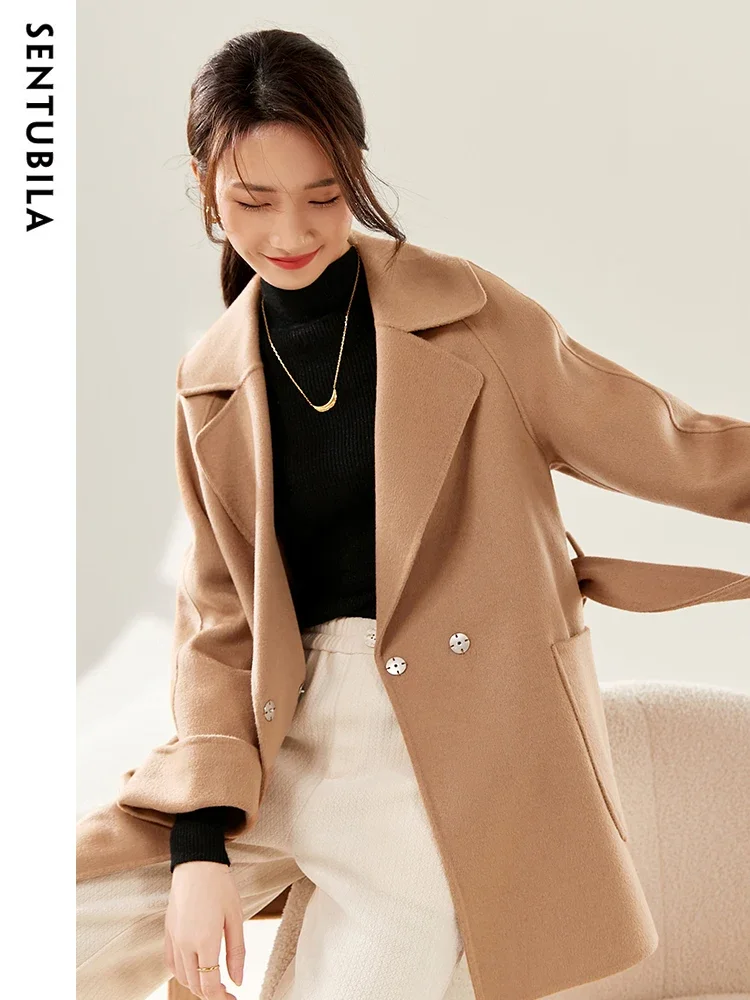 SENTUBILA Women Winter Wool Coats Elegant Turn-Down Collar Double-Faced Open Stitch Overcoat Commute Coat For Woman W24O42199