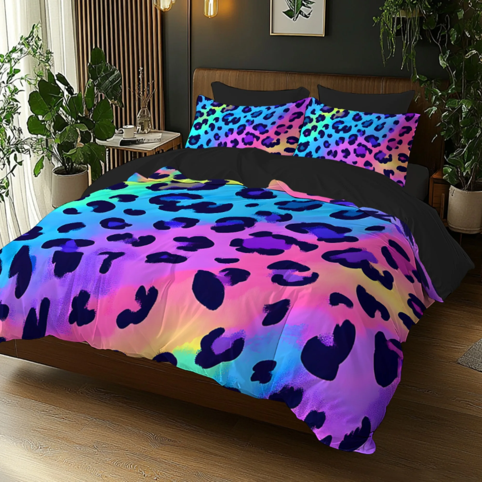 Neon Rainbow Gradient Leopard Print Bedding Set Black Reverse Duvet Cover Colorful Cheetah Spots Quilt Cover Pillowcases