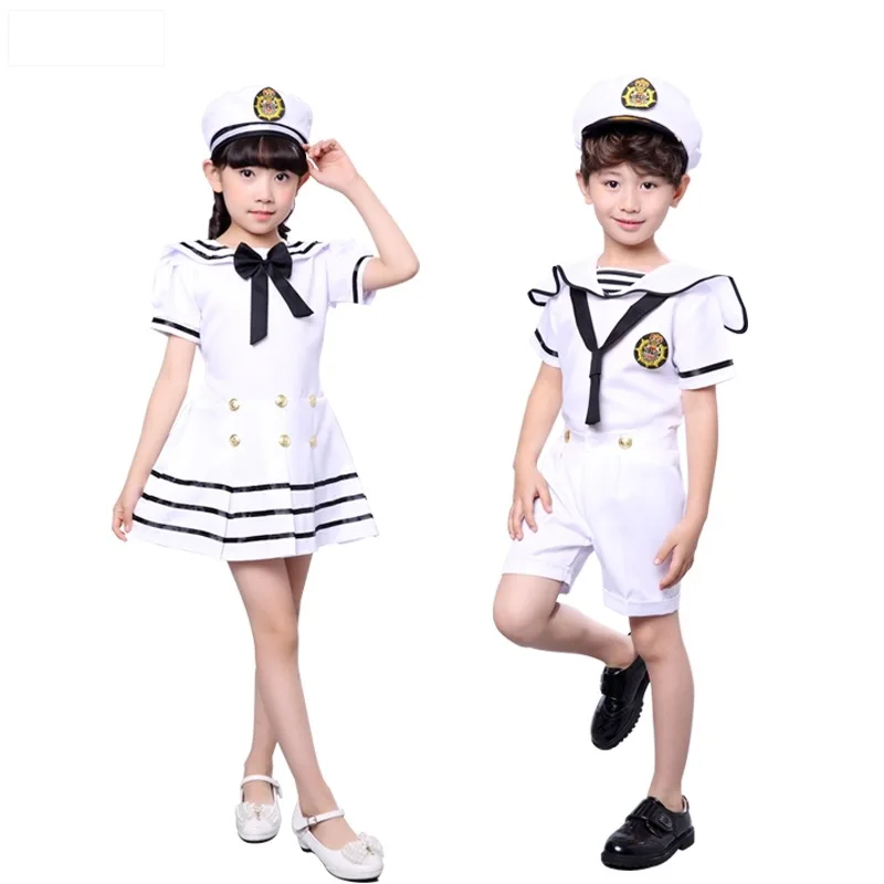 100-170CM Kids Costumes for Navy Sailor Uniform Halloween Cosplay Girls Party Performance Boys Marines Fleet Clothing with Hat