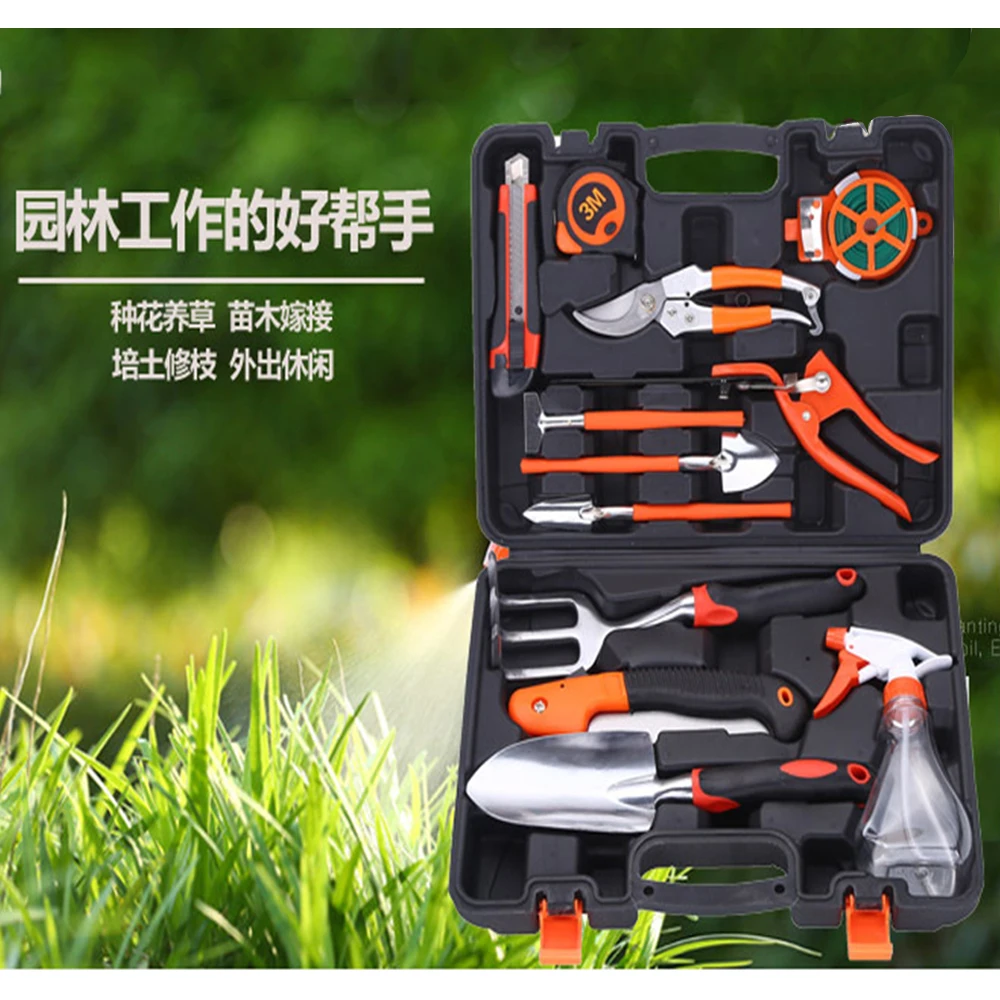 

12 Piece Garden Tool Set Box Grass Shovel Household Tool Shovel Rake Pruning Shears Tape Measure Spray Bottle