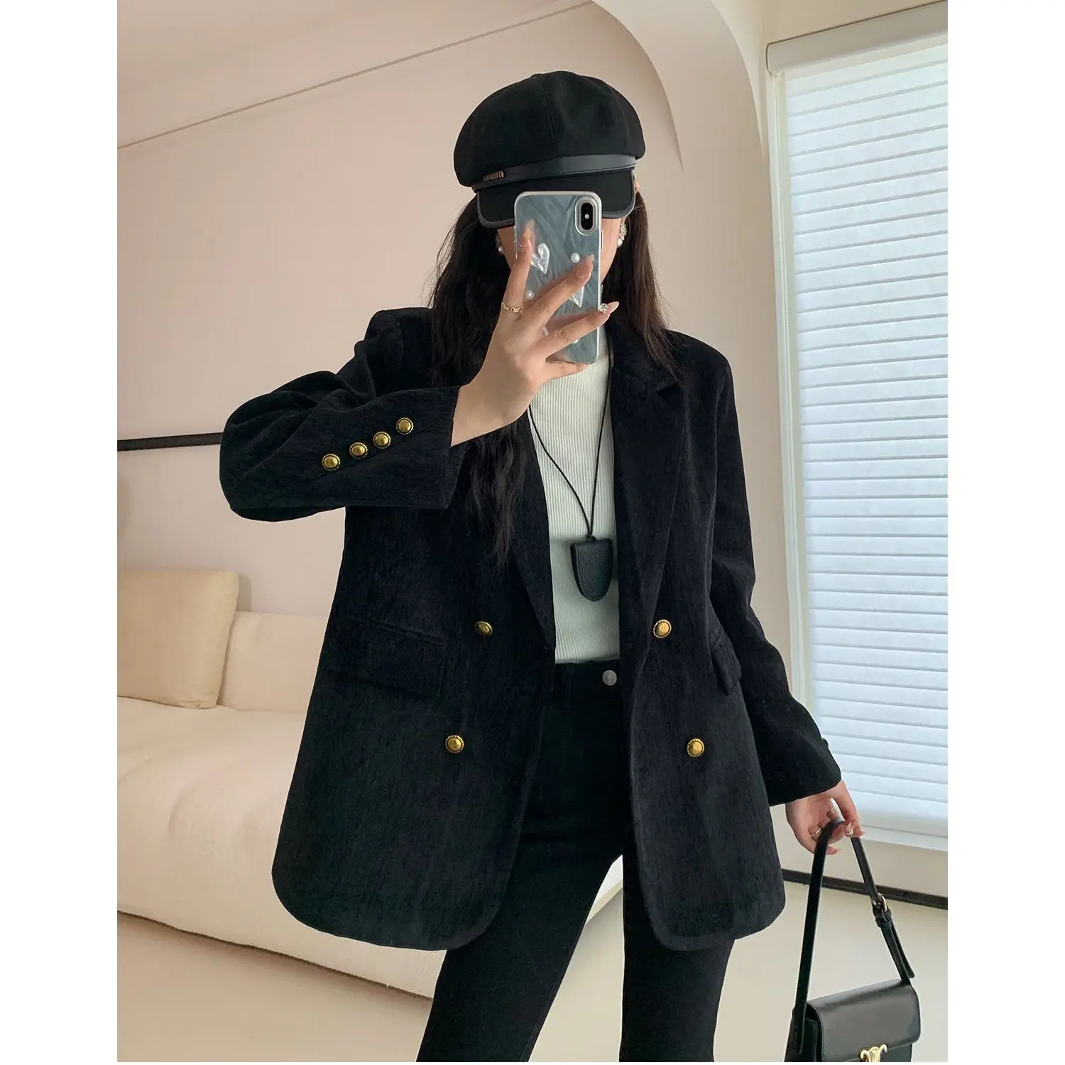 Black Temperament High-End Autumn Winter Small Jacket With Cotton Ing, Women's Loose And Warm Anti-Aging Suit