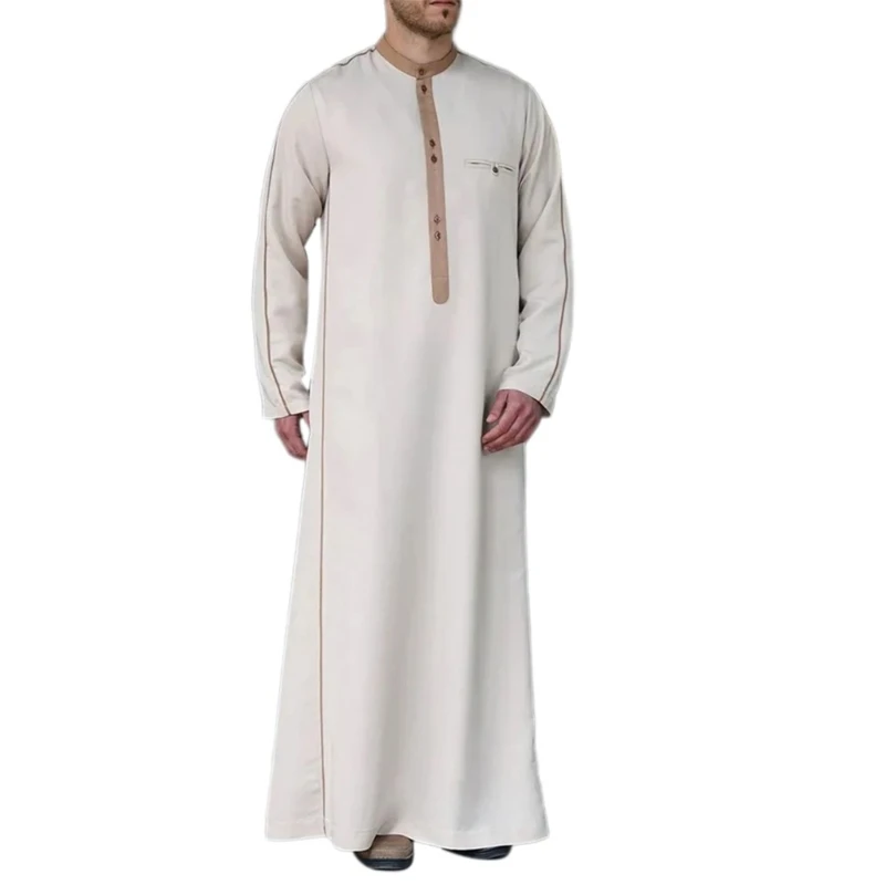 634C Mens Robe Muslims Clothes Loose Neck Arab Middle Quality Kaftan Muslims Thobe Robe Long Sleeve Gowns Ethnic Clothes