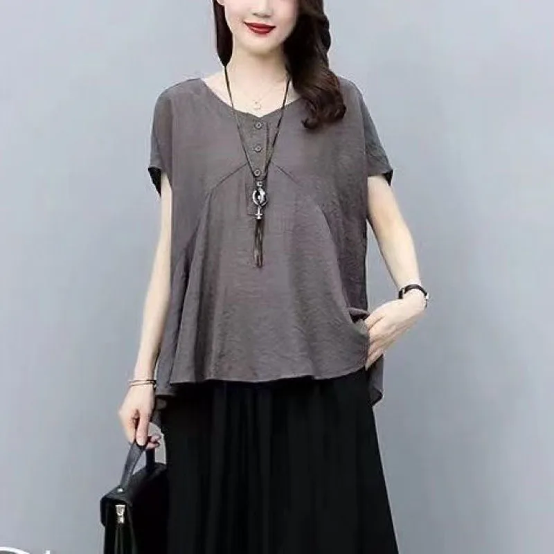 New Summer Solid Color V-Neck Button Spliced Loose Versatile Fashion Simplicity Commuter Women\'s Short Sleeve Chiffon Shirt Top