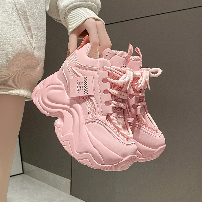 10CM Damen High-Platform-Sneaker Herbst Winter Schnürschuhe Chunky Schuhe mit Absatz Dicke Sohle Freizeitschuhe Damen Sport Leder-Sneaker