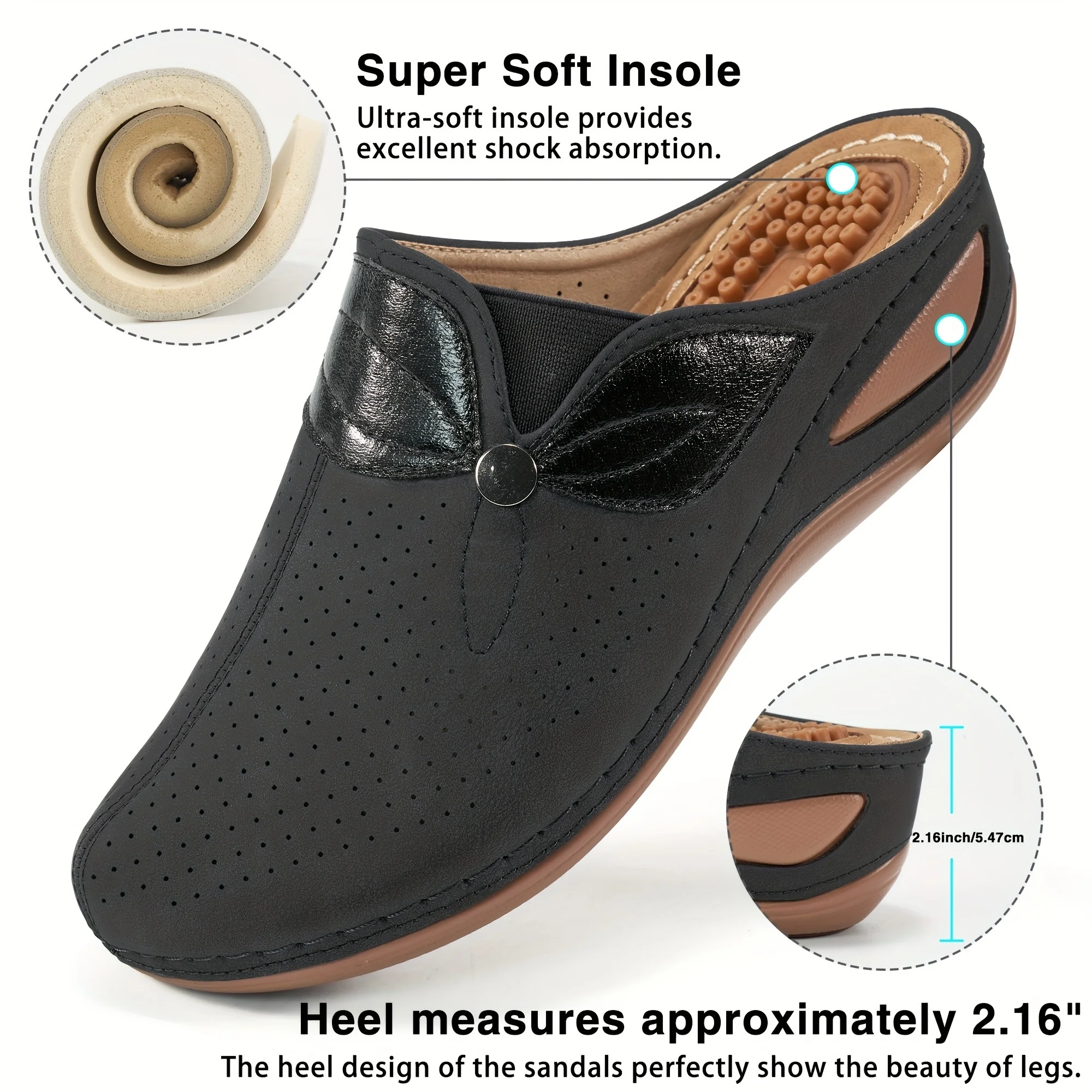 Women's Wedge Mules, Breathable Hollow Out Closed Toe Sandals, Casual Faux Leather Slide Shoes