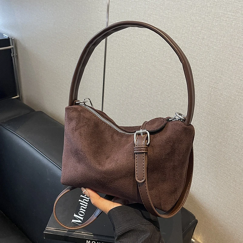 High Quality Brand Luxury Handbag For Women Casual Fashion Faux Suede Crossbody Bag Brown Women Double Shoulder Strap Dual Use