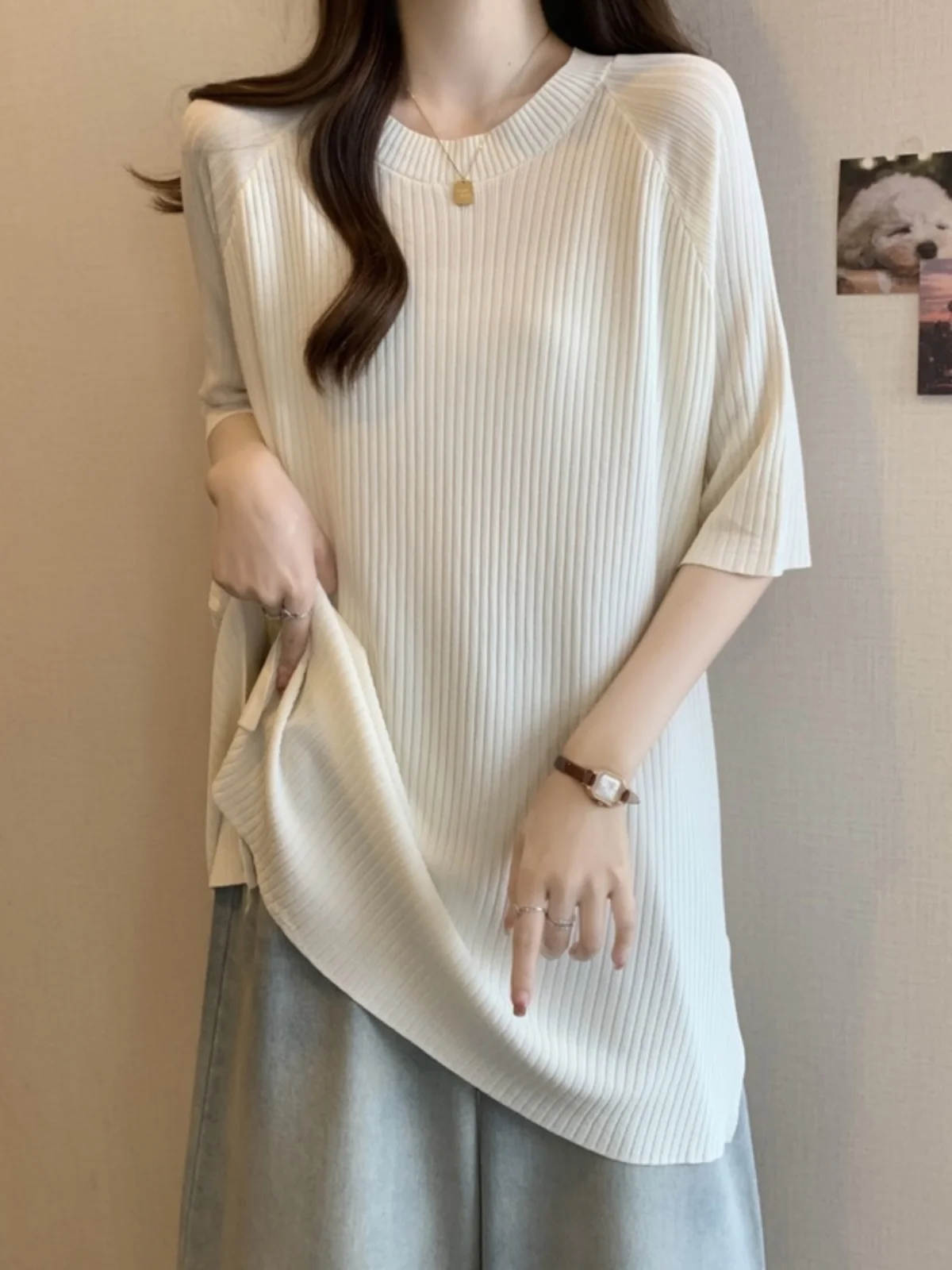 

Loose Ice Silk T-Shirt Women's Summer plus Size Short Sleeve Base Shirt Slimming Mid-Length Butt Covering Top Commute Style