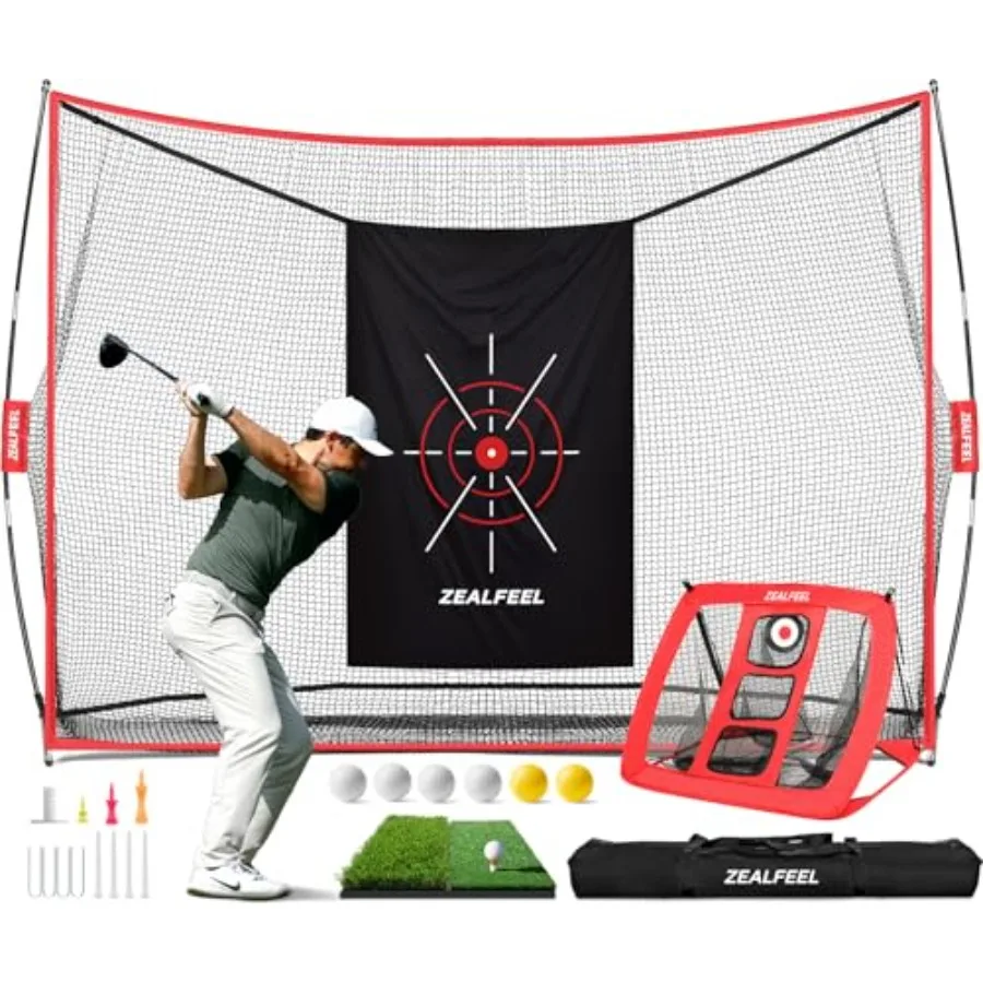 

Golf Net, 10x7ft Practice Net with Chipping Net, Foldable Mat, Silk Target, 8 Tees, 6 Balls, Carry Bag, Golf Hiting Nets for Ba