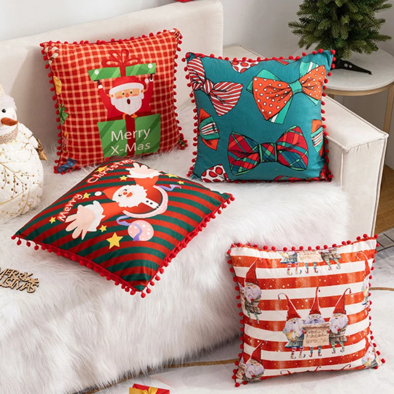 

New Year and Christmas Cushion Cover Christmas Cartoon Printed Pillowcase Red Festival Decorative Pillow Covers Decorative