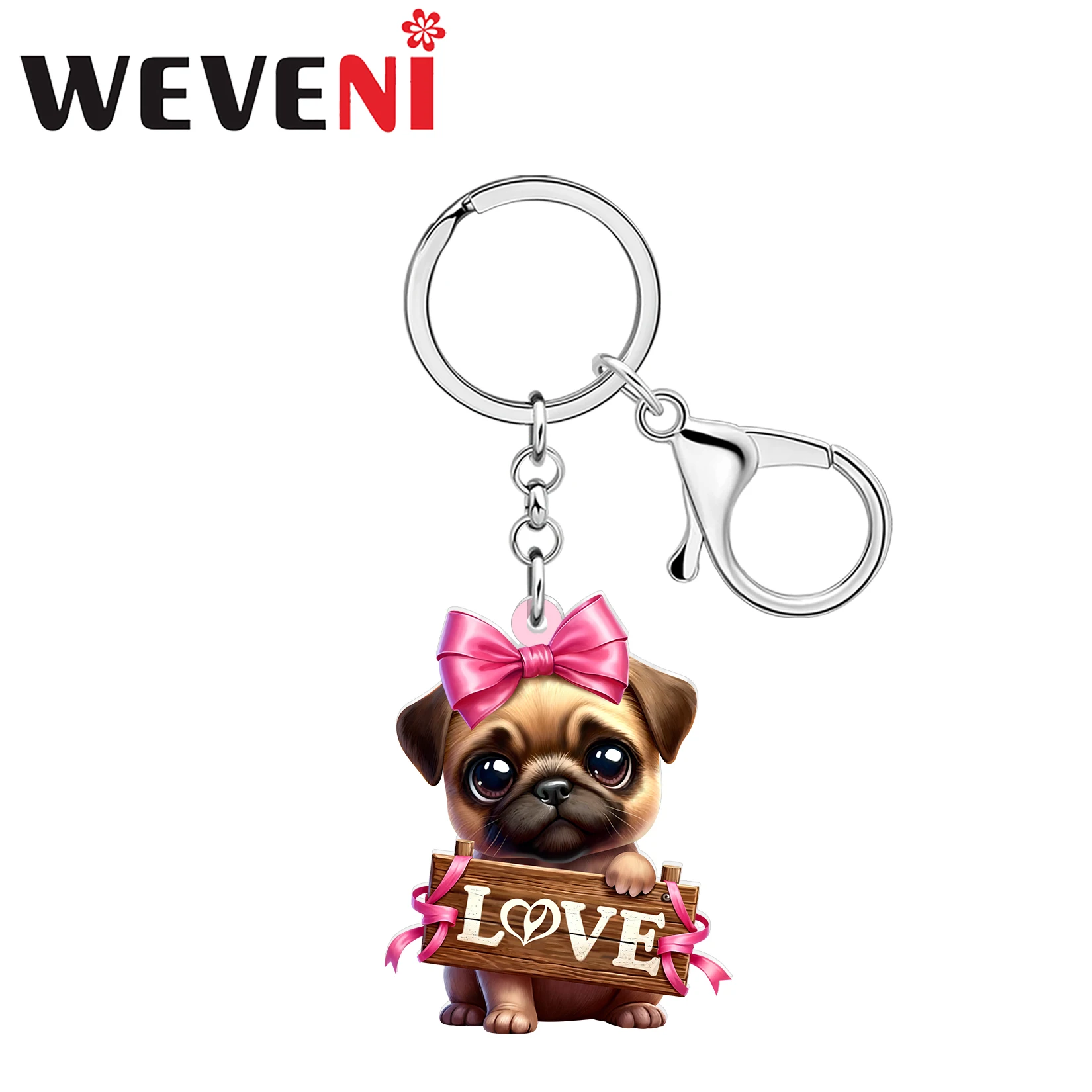 WEVENI Llavero acrílico de perro pug de San Valentín, llavero de cachorro con lazo rosa, accesorios para bolso, regalos para amantes de las mascotas para mujeres