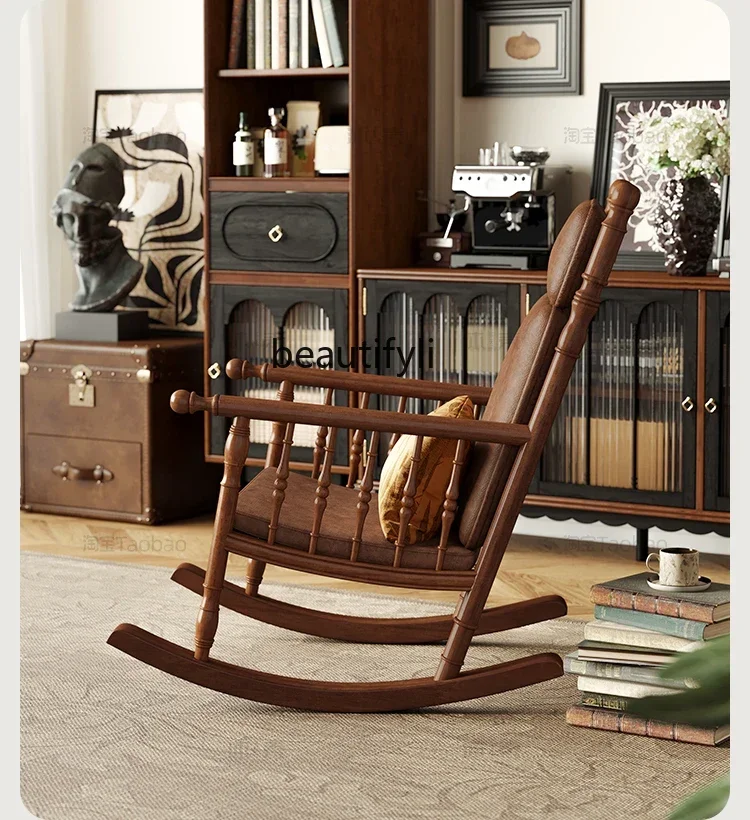 

French Solid Wood Rocking Chair Sofa Balcony Living Room Home Casual Sofa Rocking Chair