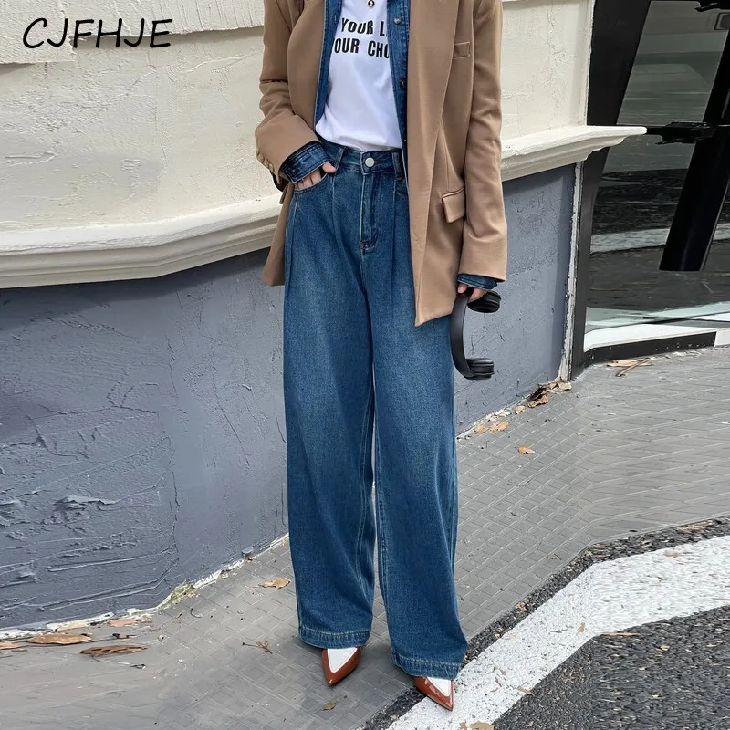 

CJFHJE New Blue Jeans Women Korean Fashion Women's Casual Loose High Waist Wide Leg Denim Pants Streetwear Classic Autumn